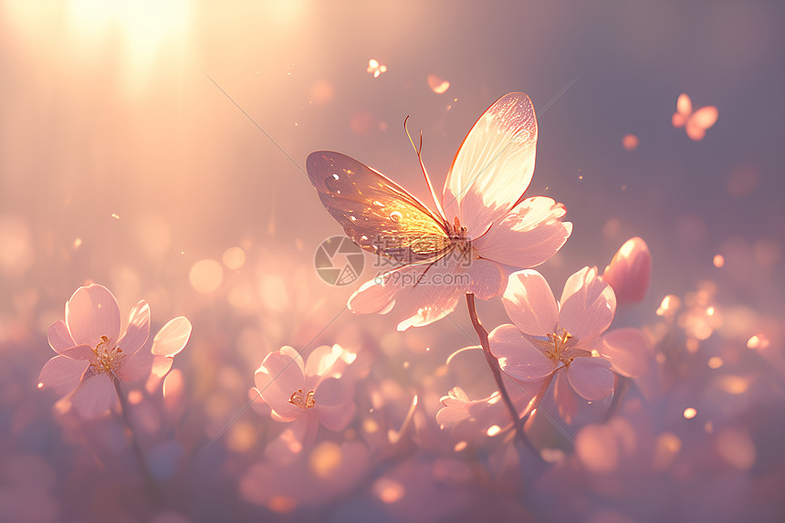 蝴蝶翩翩舞动在粉色花海中图片