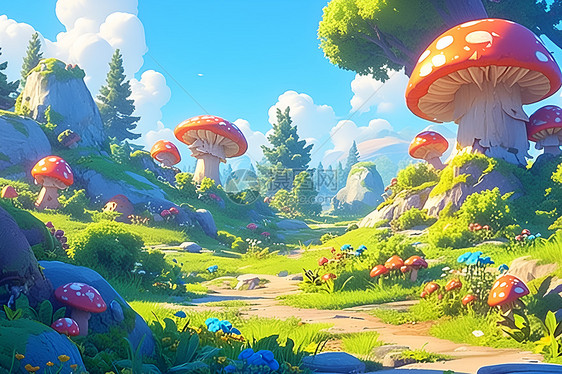 奇幻森林中的彩色蘑菇图片