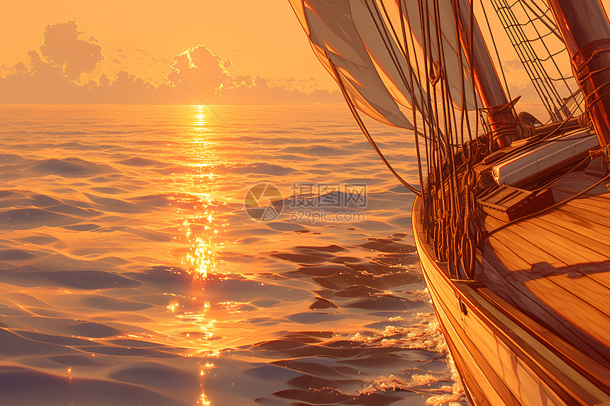 夕阳映照的木船图片