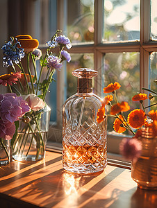 窗边的瓶子和花朵图片