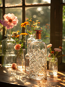 阳光明媚的窗前鲜花和瓶子图片