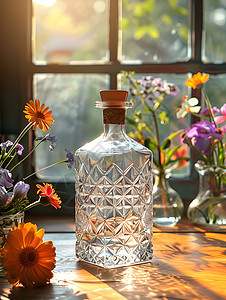 窗台边的透明瓶子和鲜花图片