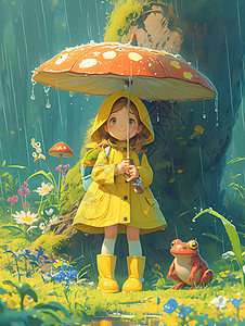 雨中少女与青蛙背景图片