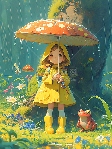 雨中少女与青蛙图片