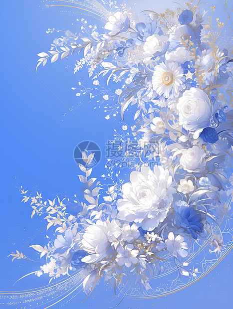 蓝天白云中的花朵图片