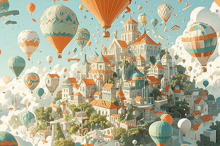 奇幻的城堡和热气球图片