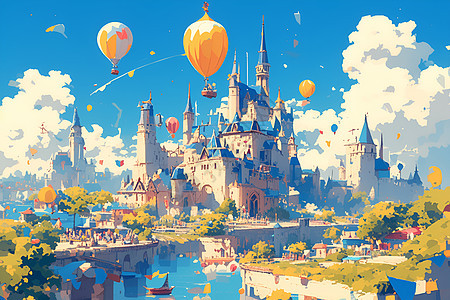 梦幻的热气球和城堡图片