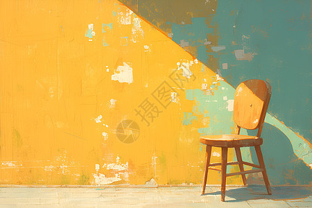 黄墙下的木头椅子图片