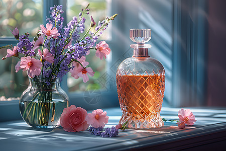 窗台上的花瓶窗台上的金色香水瓶背景