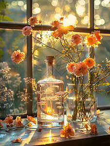 窗台上的玻璃酒瓶图片