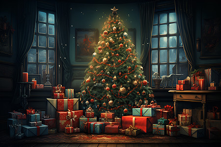 圣诞树下的礼物盒图片