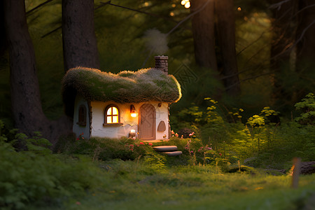 丛林木屋草地上的可爱小屋背景