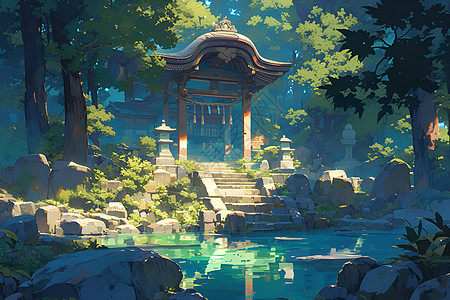 湖泊中的山寺图片