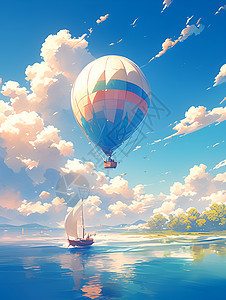湖泊上空的热气球图片