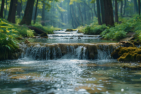 森林溪流瀑布风景高清图片