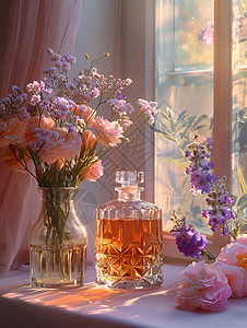 窗前的瓶子和花束图片