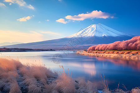 平静的雪山河流图片