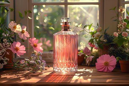 花朵围绕的玻璃瓶图片