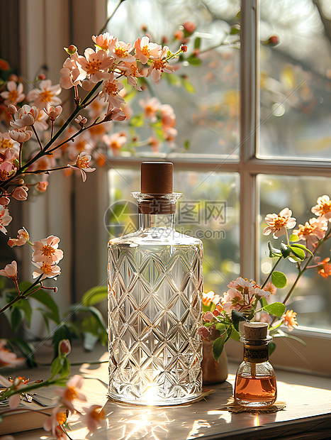 窗前的水晶瓶与花束图片