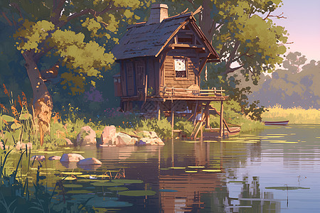 湖边的木屋图片