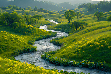 山坡下的河流图片