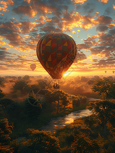 热气球飞跃森林图片