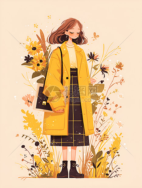 花丛里的的黄衣女孩图片
