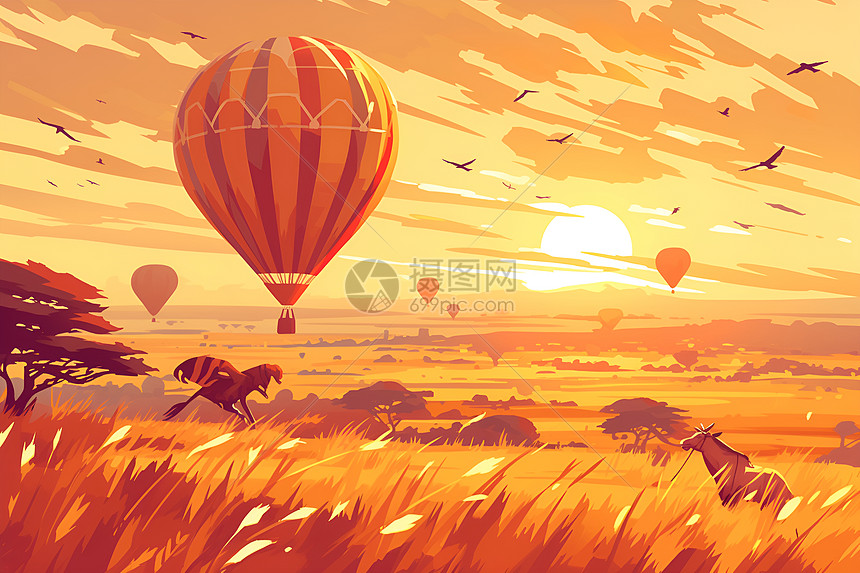 秋天草原上的热气球图片