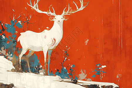 红墙背景下的白鹿图片