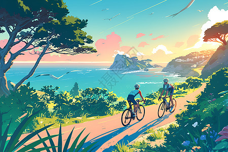 夕阳下骑着自行车的人图片