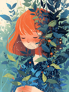 红发女孩隐身于叶丛中图片
