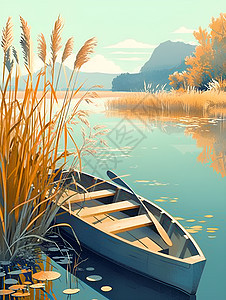 池塘中一只小木船图片