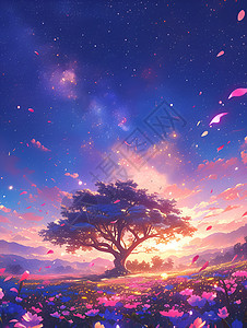 星空下绽放粉色花瓣的树图片