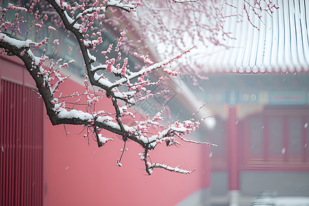 红墙白雪和花树背景图片
