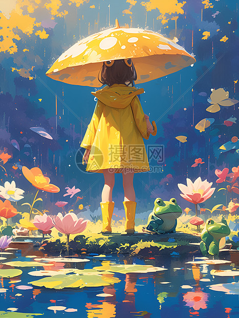 小女孩穿着黄色雨衣图片