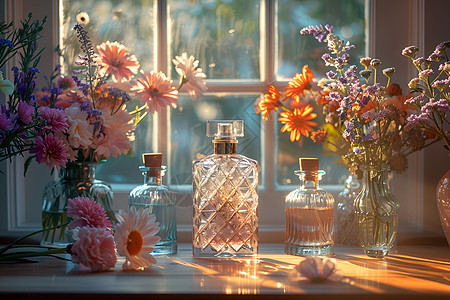透明的瓶子和花朵图片