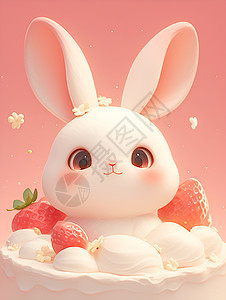 卡通兔子坐在奶油蛋糕顶上图片