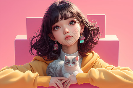 少女与猫的绘画图片