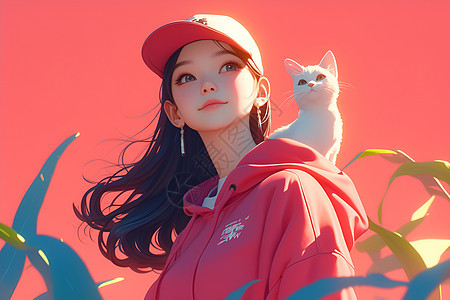 梦幻少女与小猫艺术插画图片