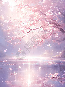 粉色的湖泊仙境图片