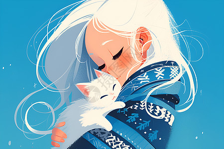 冬日温馨女子拥抱着白猫图片