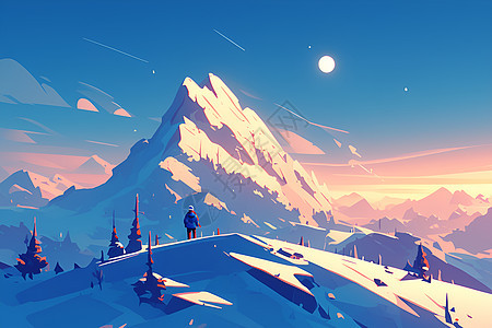 日落时一个人站在雪山下图片