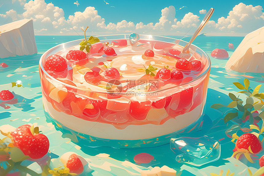 海面上的水果甜品图片