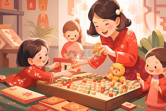 妈妈和孩子玩春节游戏图片