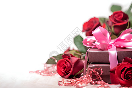 桌面上的礼盒和玫瑰图片