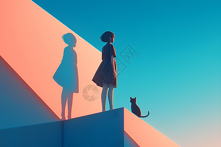 楼顶上的女孩和猫咪图片