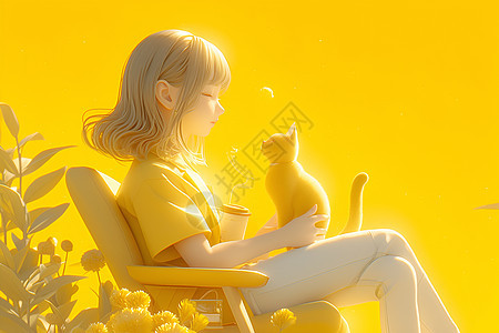 坐在凳子上的女孩抱着猫咪图片