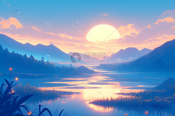 夕阳下的山谷河流图片