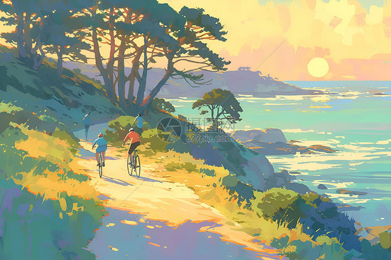 海岸步道上两个人骑着自行车图片