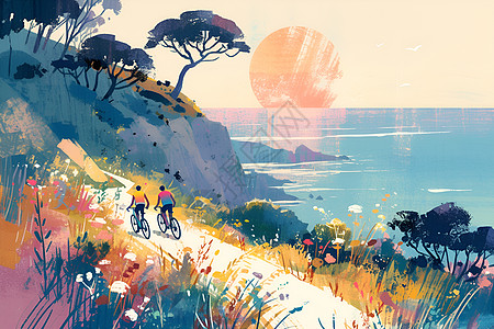 两名骑车人沿着沿海小径骑行图片
